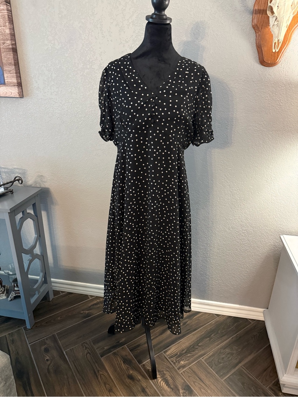 Black Polka Dot V-Neck long Dress